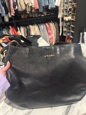 Prada Black Leather Shoulder Bag with Gold Logo